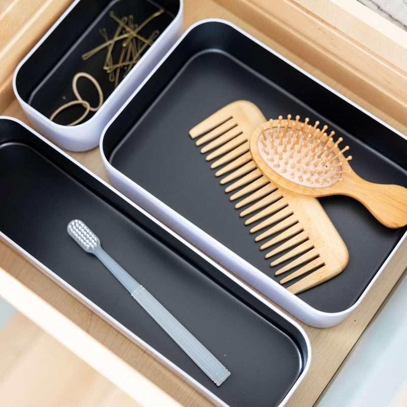 Three by Three Seattle 3 Piece Shallow Metal Organizer Tray Set for Storing Makeup, Stationery, Utensils, and More in Office Desk, Kitchen and Bathroom Drawers - Image 3